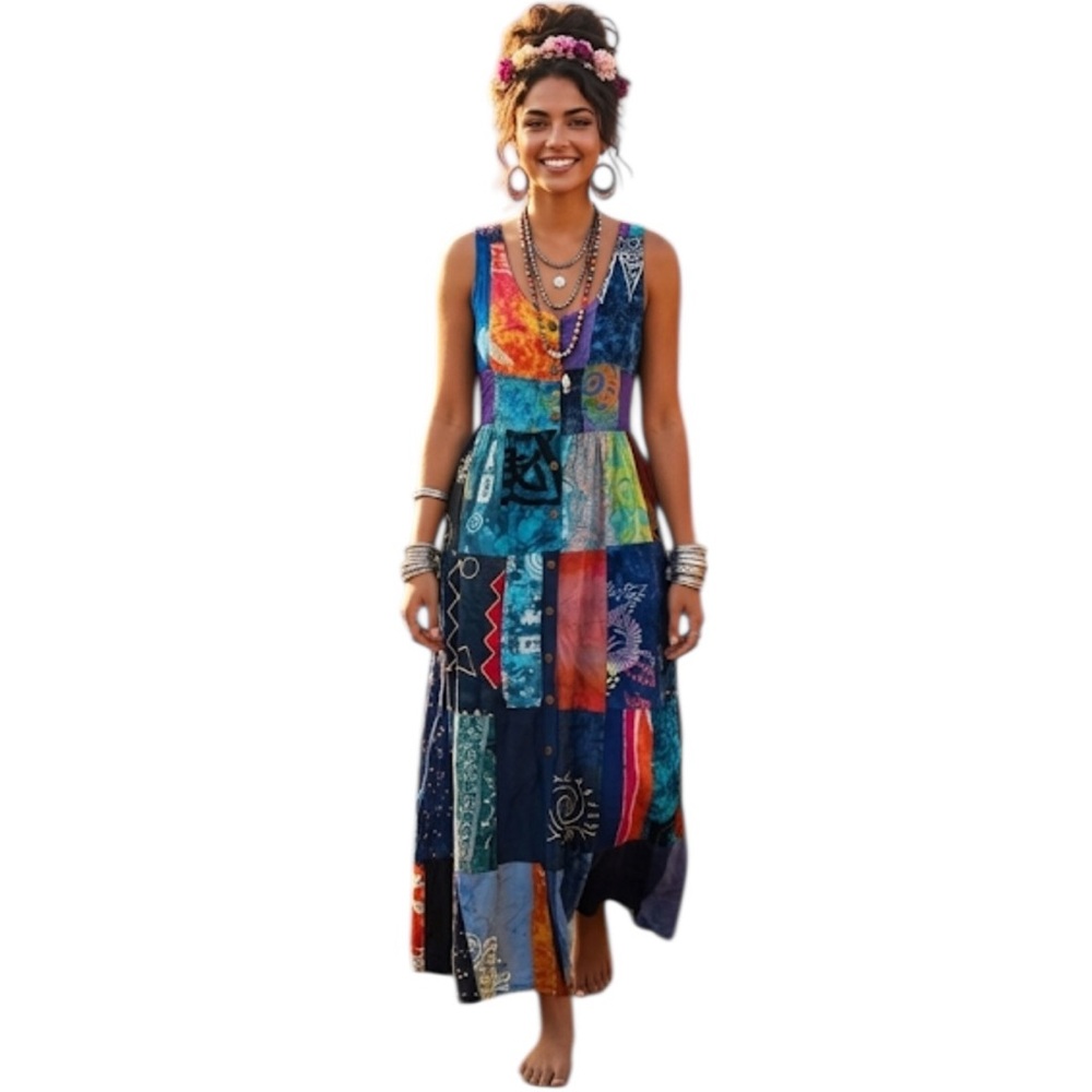 Bohemian Patchwork Maxi Dress - Multicolor